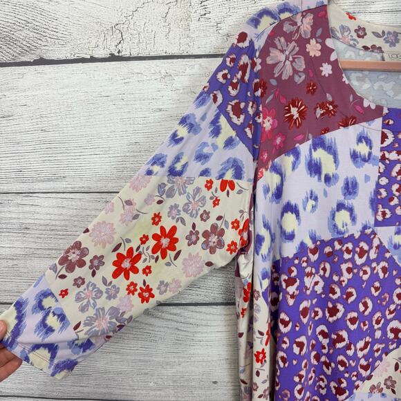 Logo Lori Goldstein Plus Size Purple Floral Leopard Patchwork Top Size 2X - Picture 2 of 7